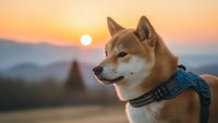 Shiba Inu dog wearing harness looking at golden sunset over mountain landscape during outdoor adventure hiking trip in nature wilderness.