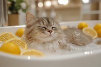 Fluffy long-haired cat relaxing in bubble bath surrounded by fresh lemon slices, showing content expression with closed eyes in white bathtub for wellness concept.