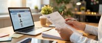 Professional recruiter reviewing candidate resume while browsing job applications on laptop in modern office workspace during hiring process.