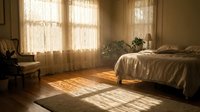 Cozy bedroom interior with warm sunlight streaming through sheer curtains creating beautiful shadow patterns on hardwood floors and unmade bed.
