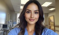 Young female healthcare professional in blue scrubs smiling at camera in hospital corridor with medical equipment visible in background.
