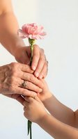 Elderly and young hands holding pink carnation flower together symbolizing family bond, love and care between generations on white background.