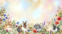 Cute rabbits and bunnies surrounded by colorful wildflowers and blooming plants in watercolor style, perfect for nursery decor, children's illustrations, greeting cards, and springtime designs.