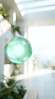 Transparent turquoise soap bubble floating in bright sunlit interior with blurred green plants and white modern room background, ideal for wellness and lifestyle design projects.