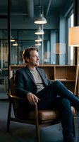 Confident middle-aged Caucasian businessman in suit relaxing in leather chair at modern office, looking away thoughtfully with warm lighting.
