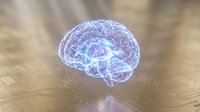 Glowing holographic brain with neural network connections floating above wooden surface for medical technology and artificial intelligence concepts.