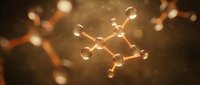 Golden molecular structure with glowing atoms and bonds floating in warm light with bokeh effects for scientific research and chemistry education.