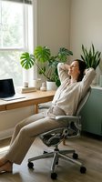 Relaxed Asian woman stretching in ergonomic office chair during work break with laptop and houseplants creating peaceful workspace atmosphere.