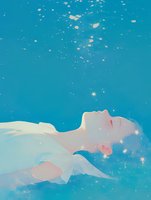 Young Asian woman floating in ethereal turquoise water surrounded by glowing stars and light particles, creating dreamy atmospheric mood for wellness and spa concepts.