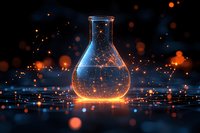Glowing laboratory flask with magical constellation effect and orange light particles against dark background, science concept with reflective surface.