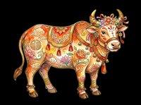 Festive decorated ox with floral patterns and golden ornaments, isolated on transparent background, ready for stickers, t-shirt design, print on demand, and sublimation.