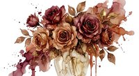 Watercolor autumn roses bouquet in warm burgundy and brown tones with flowing paint drips, isolated on white background for romantic design projects.