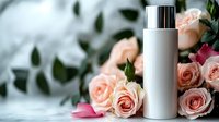 Elegant white cosmetic bottle with silver pump surrounded by soft pink roses on marble surface for luxury skincare and beauty product branding.