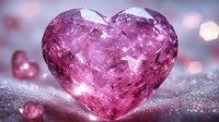 Pink crystal heart on glittery surface with soft bokeh background. Romantic gemstone with natural inclusions and facets catching light creates magical atmosphere.