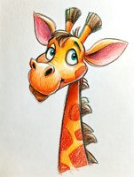 Playful cartoon giraffe with expressive green eyes and pink ears drawn in colored pencil style on white background, suitable for children's book illustration.