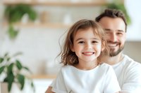 Joyful portrait of Caucasian father and young daughter smiling at home, expressing happiness and family bonding in bright modern interior with natural light and plants.
