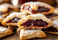Flaky pastries filled with sweet cherry jam and dusted with powdered sugar on rustic wooden surface, macro food photography for bakery marketing.