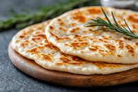 Fresh baked naan bread with golden crust and rosemary sprig served on round wooden board against dark stone background, traditional Indian flatbread.