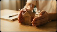Hands protecting wooden house model with insurance and security icons floating above, representing home protection, real estate investment, and property safety on wooden desk.