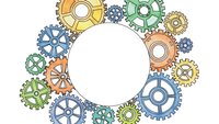 Colorful mechanical gears and cogs arranged in circular frame with white center space for text or design elements on transparent background.