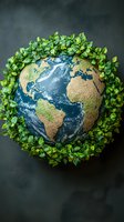 Planet Earth surrounded by green leaves wreath on dark background, environmental conservation concept for Earth Day and eco-friendly initiatives.