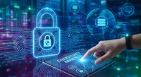 Cybersecurity concept with glowing padlock icon and digital interface. Hand interacting with futuristic security technology display featuring data protection elements.