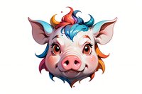 Cute cartoon pig character with colorful punk hairstyle and expressive eyes, perfect for children's books, merchandise design and creative projects. Isolated on white background.
