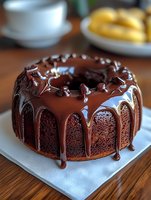 Rich chocolate bundt cake with glossy ganache glaze dripping down sides on white plate, coffee cup and pastries blurred in background for dessert menu.