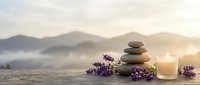 Zen spa stones balanced with lavender flowers and candle creating peaceful meditation scene at sunrise with misty mountains in soft natural light.