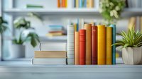 Colorful hardcover books arranged on white shelf with decorative houseplants, creating cozy home library atmosphere. Modern minimalist interior design styling.