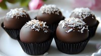 Dark chocolate truffles topped with shredded coconut in black paper cups against light background, selective focus on dessert confectionery.