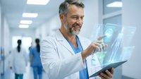 Middle-aged Caucasian male doctor with beard using futuristic holographic tablet technology in modern hospital corridor for medical innovation and healthcare.
