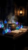 Mystical alchemy laboratory with glowing potions, ancient books, cauldron with magical smoke and lantern light creating atmospheric fantasy scene.