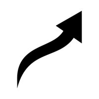 Black curved arrow pointing upward and right on white background isolated for business presentations and infographic design elements.