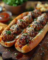 Delicious meatball sub sandwich with marinara sauce and melted cheese, garnished with fresh herbs on rustic wooden board. Perfect for menu, restaurant promotion.