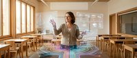 Professional middle-aged Caucasian female teacher presenting holographic technology display in modern classroom with wooden furniture and large windows.