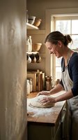 Middle-aged Caucasian woman kneading dough in rustic farmhouse kitchen with wooden shelves and pottery. Homemade bread baking and cooking lifestyle concept.