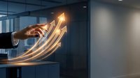 Businessman hand touching glowing upward arrows showing business growth and success in modern office environment for financial presentations.