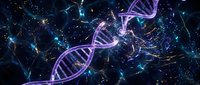 Glowing DNA helix with neon purple and cyan strands against dark starry background, representing genetic research, biotechnology, and scientific innovation.