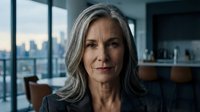 Professional mature Caucasian businesswoman with gray hair in modern office with city skyline view, confident executive portrait for corporate leadership.