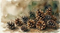 Watercolor pine cones scattered on neutral background with natural textures and earthy tones for autumn seasonal designs and nature themes.
