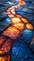 Abstract mosaic pattern with glowing orange and blue cells creating winding path effect, dramatic lighting highlights cracked texture surface. Suitable for modern decor.