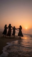 Four women holding hands in circle silhouetted against golden sunset on ocean beach. Friendship, sisterhood and connection concept for wellness campaigns.