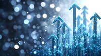 Digital arrows pointing upward with glowing particles and bokeh lights representing business growth, success, and financial progress in technology sector.