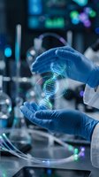 Scientist hands in blue gloves holding holographic DNA double helix in modern laboratory with advanced equipment and colorful digital displays in background.