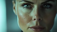 Close up portrait of young Caucasian woman with intense blue eyes and natural makeup in dramatic teal lighting showing determination and confidence.