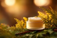Luxury skincare cream jar on evergreen branches with warm golden bokeh background, natural cosmetic product for winter skincare routine.