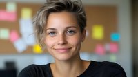 Young Caucasian woman with short pixie haircut smiling warmly at camera against blurred office background with colorful sticky notes on cork board.