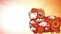 Decorative ram with ornate patterns in red and gold colors on gradient background for Chinese New Year celebrations and zodiac designs.