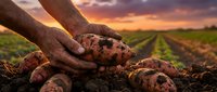 Farmer hands holding freshly harvested sweet potatoes in a field at sunset, with rich soil and crop rows in the background.